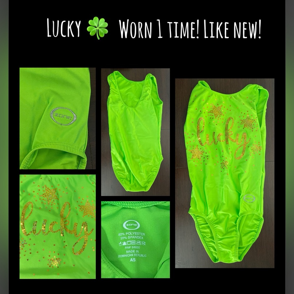 "Lucky" Ozone. Gymnastics Leotard + Hair Tie. Green. Adult Small. (Jr Size)